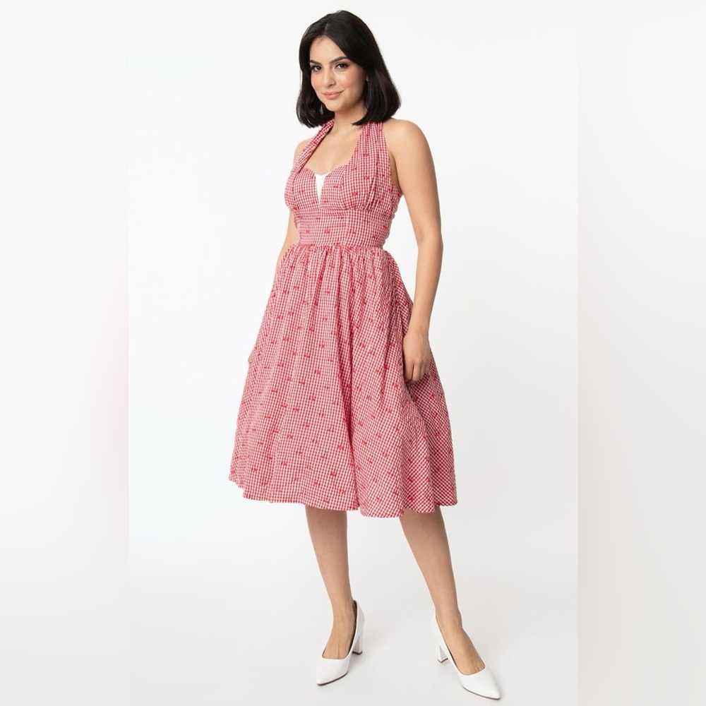 Unique Vintage Cherry Print Gingham dress